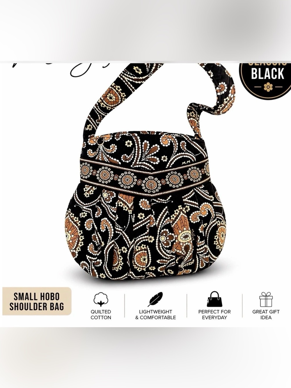 Vera Bradley Black Paisley Hobo Shoulder Bag with Tan & Cream Accents